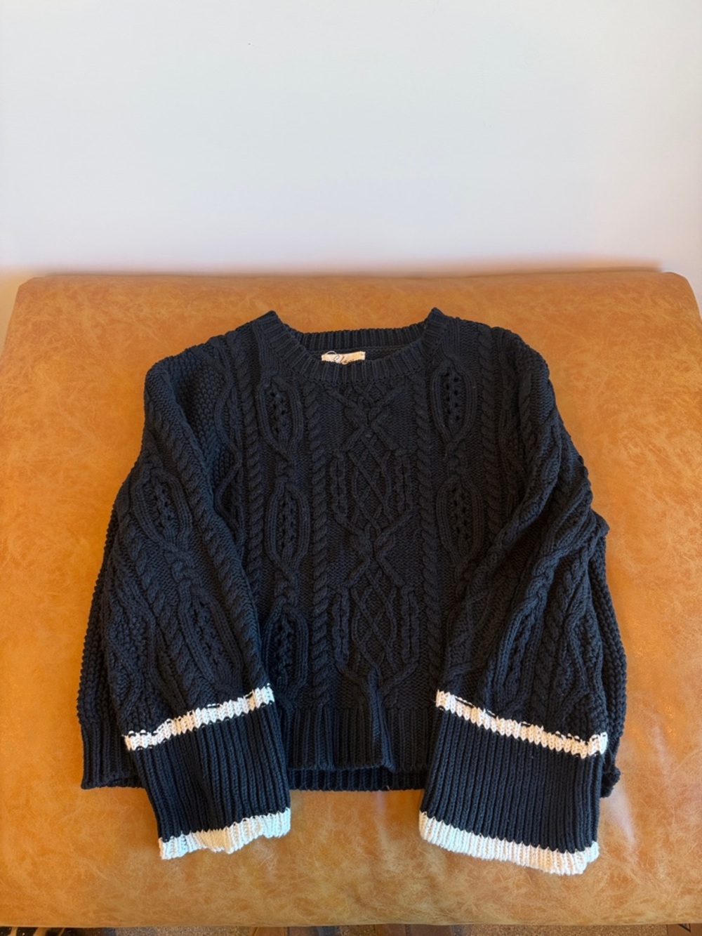 Elan Navy Cable-Knit Crewneck Sweater with White Trim